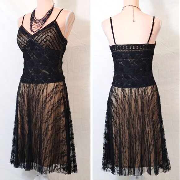 Sue Wong Y2K Black Gold Floral Crochet Lace Tank Midi Slip Dress Size 8 - Picture 3 of 17